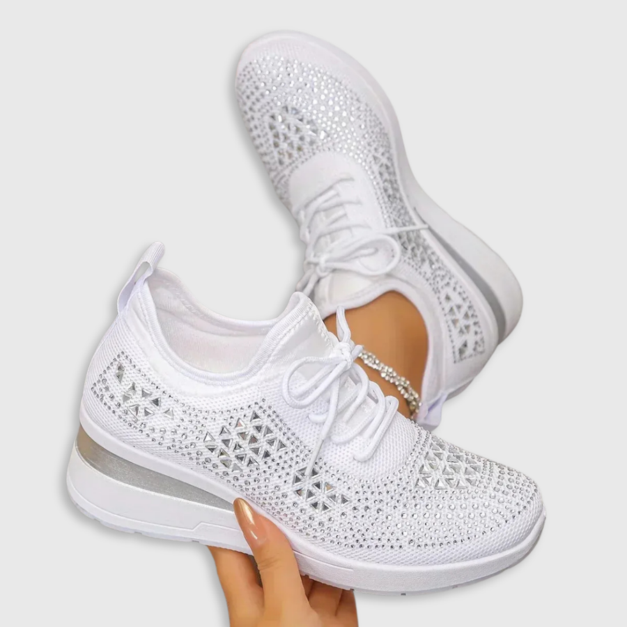 White knit comfort sneakers with lace-up front, rhinestone pattern, cushioned sole