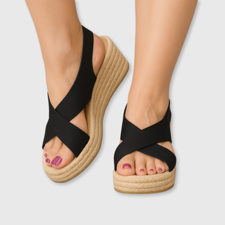 Black cross-strap espadrille wedge sandals with jute-textured platform