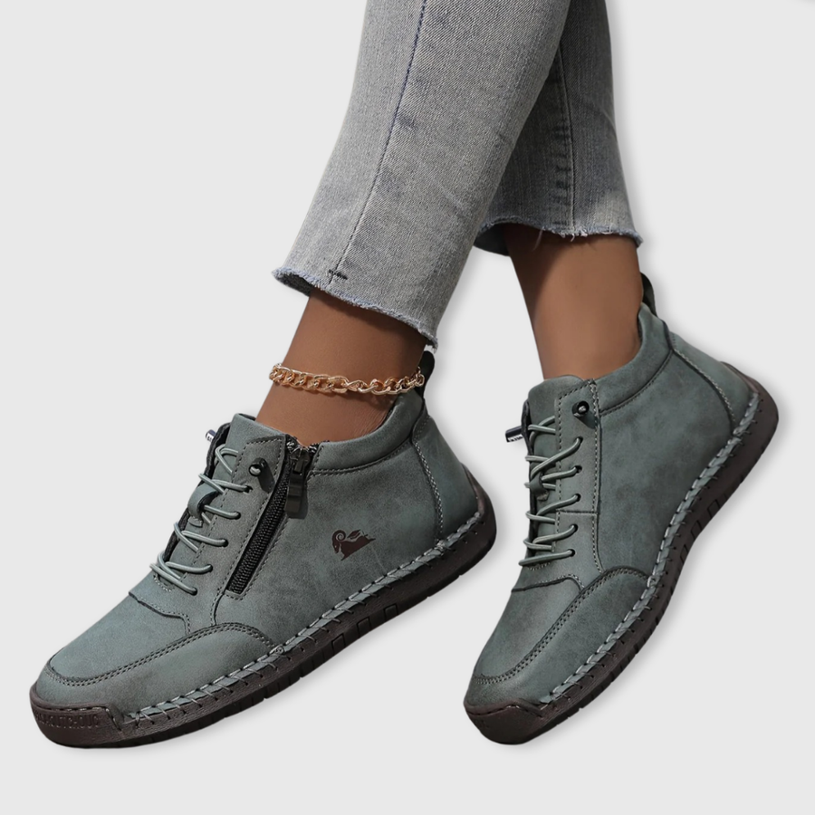 Gray zip-up comfort shoes with lace-up front, side zipper, and cushioned sole