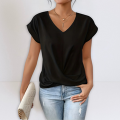 Black twist-front V-neck top with short sleeves and draped knot detail