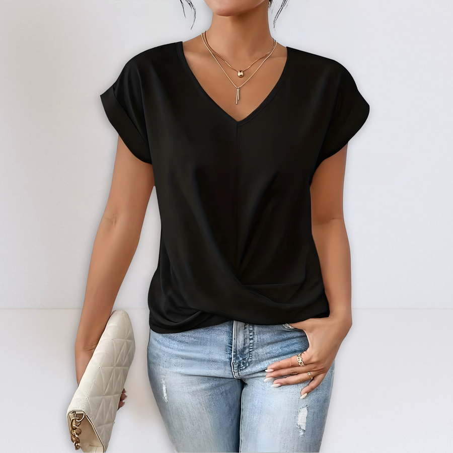 Black twist-front V-neck top with short sleeves and draped knot detail