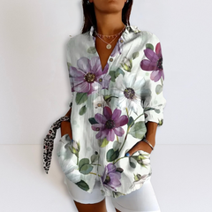 White floral printed button-up relaxed blouse with V-neck and 3/4 sleeves