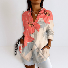 Coral and gray floral printed button-up relaxed blouse with V-neck and 3/4 sleeves