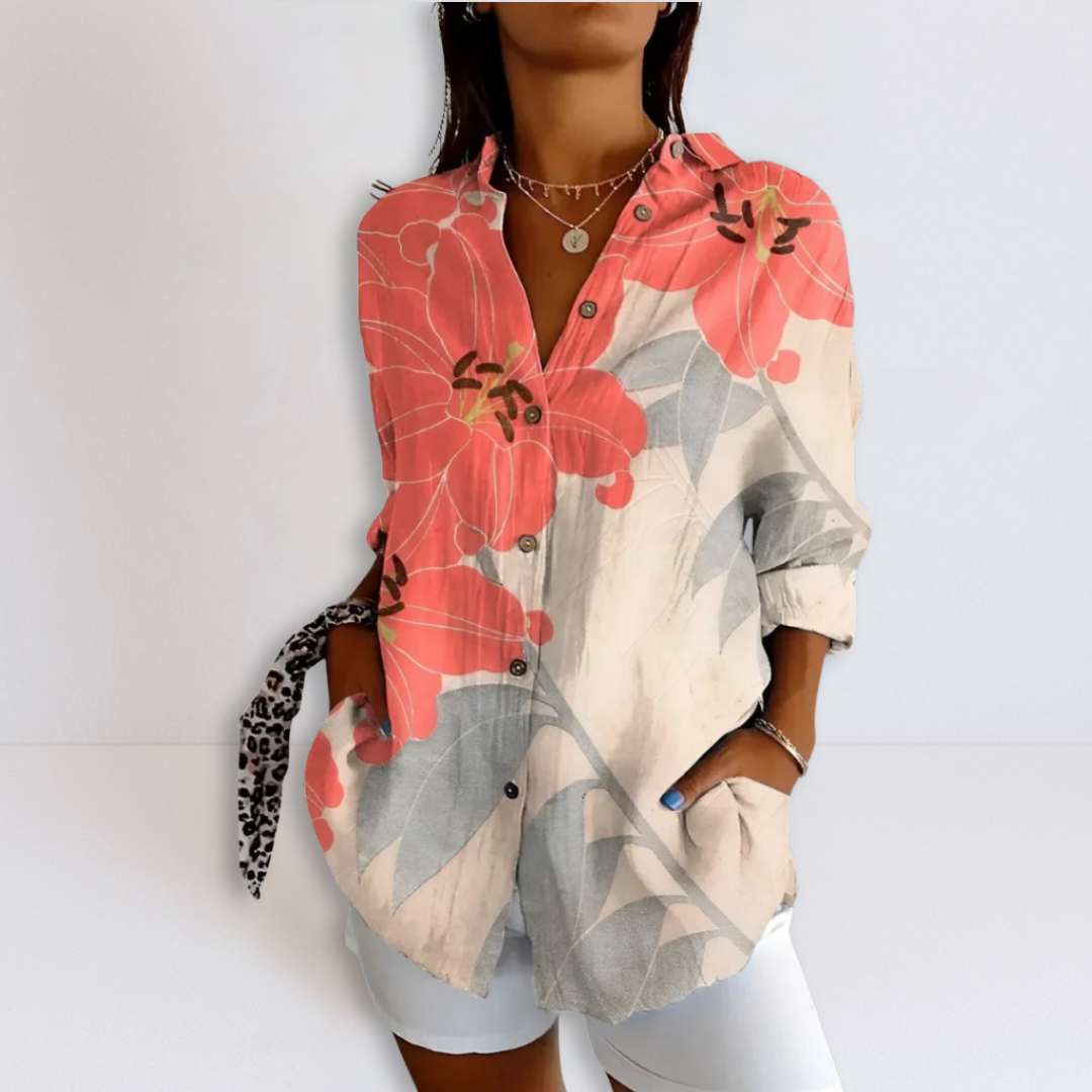 Coral and gray floral printed button-up relaxed blouse with V-neck and 3/4 sleeves