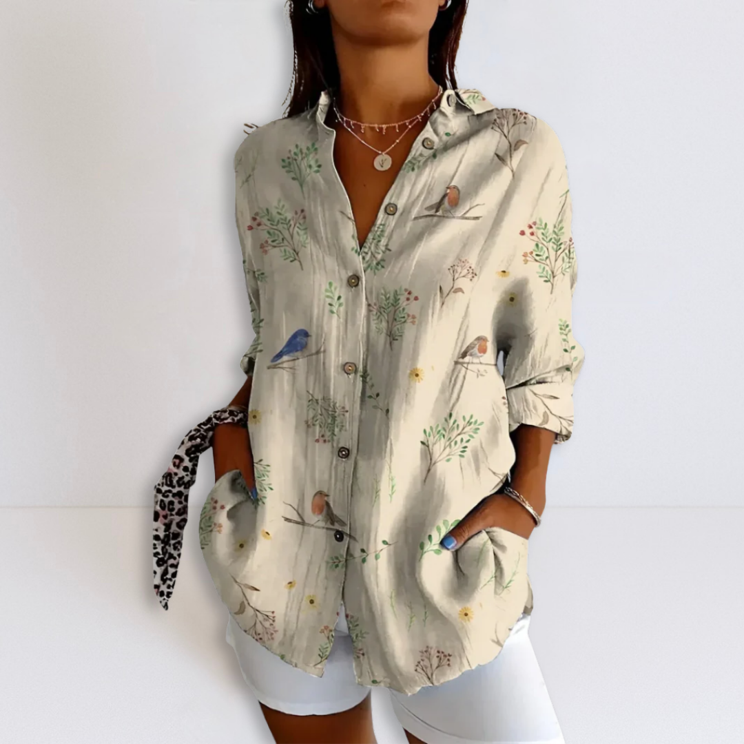 Cream botanical printed button-up relaxed blouse with V-neck and 3/4 sleeves