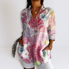 Multicolor coral and purple printed button-up relaxed blouse with V-neck and sleeves