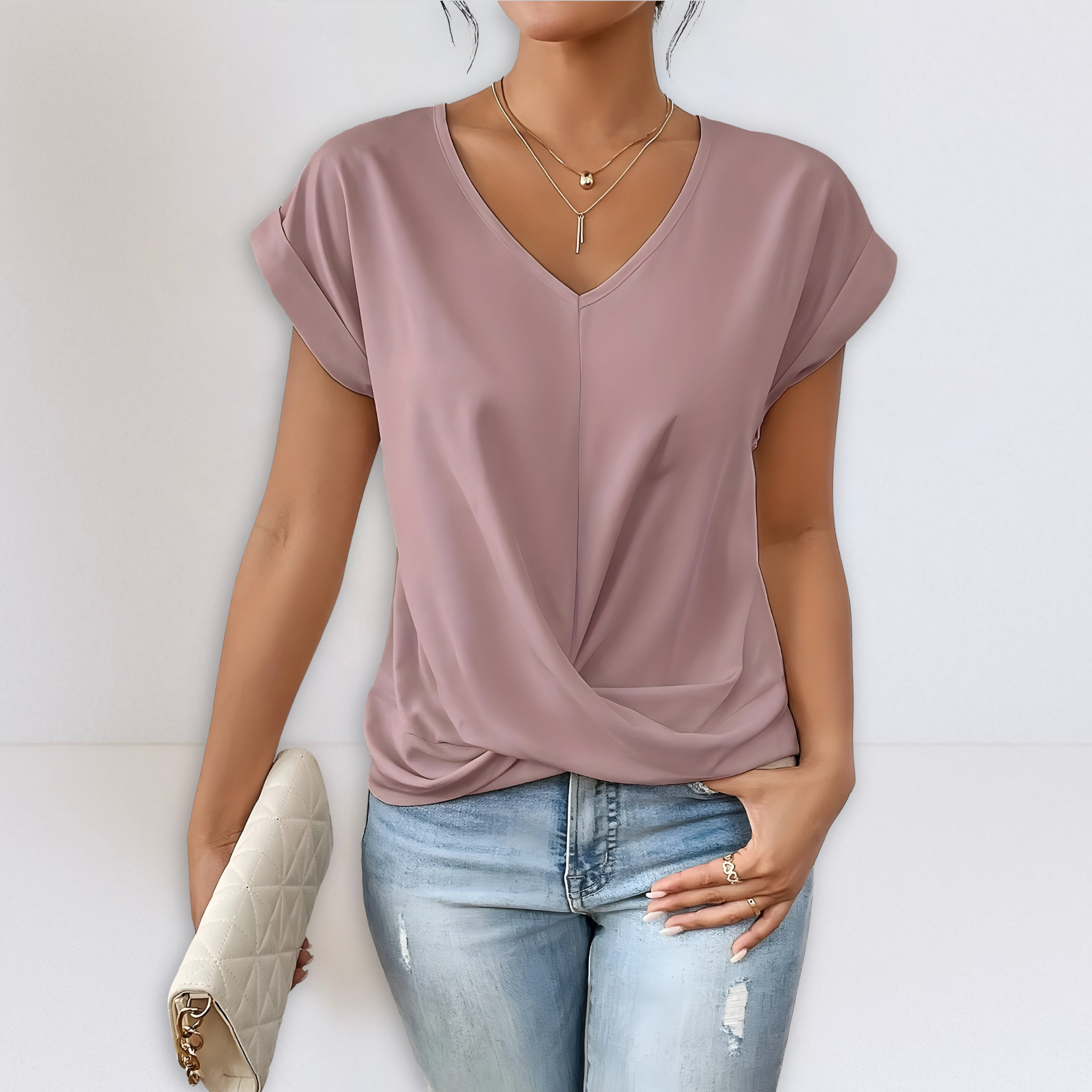 Mauve twist-front V-neck top with short sleeves and draped knot detail