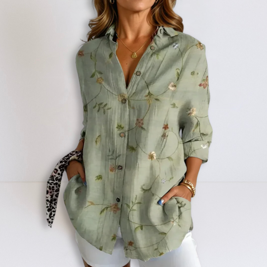 Sage green floral printed button-up relaxed blouse with V-neck and 3/4 sleeves
