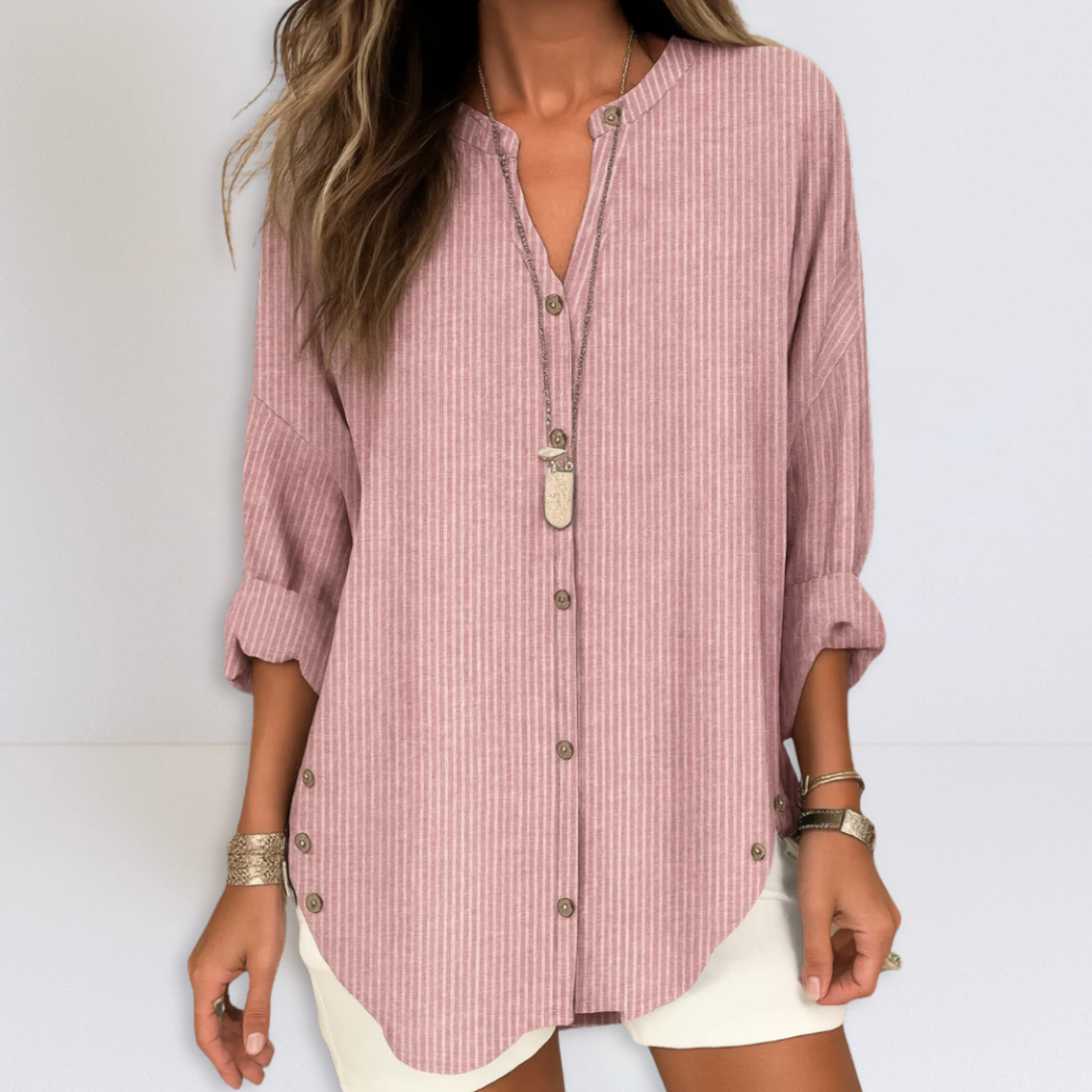 Pink striped button-front tunic blouse with V neckline, three-quarter sleeves