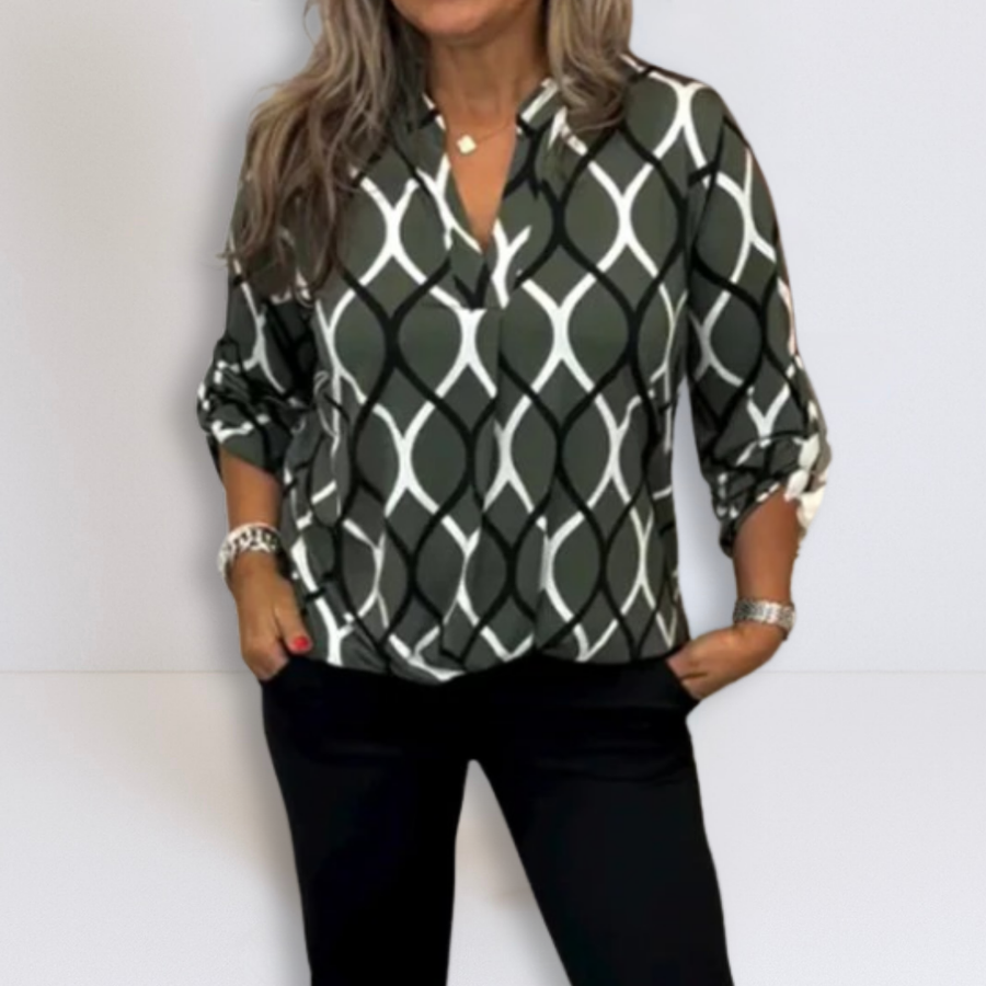 Olive green casual blouse with long sleeves and white linked oval print, button-up front