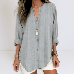 Grey striped button-front tunic blouse with V neckline and rolled cuffs