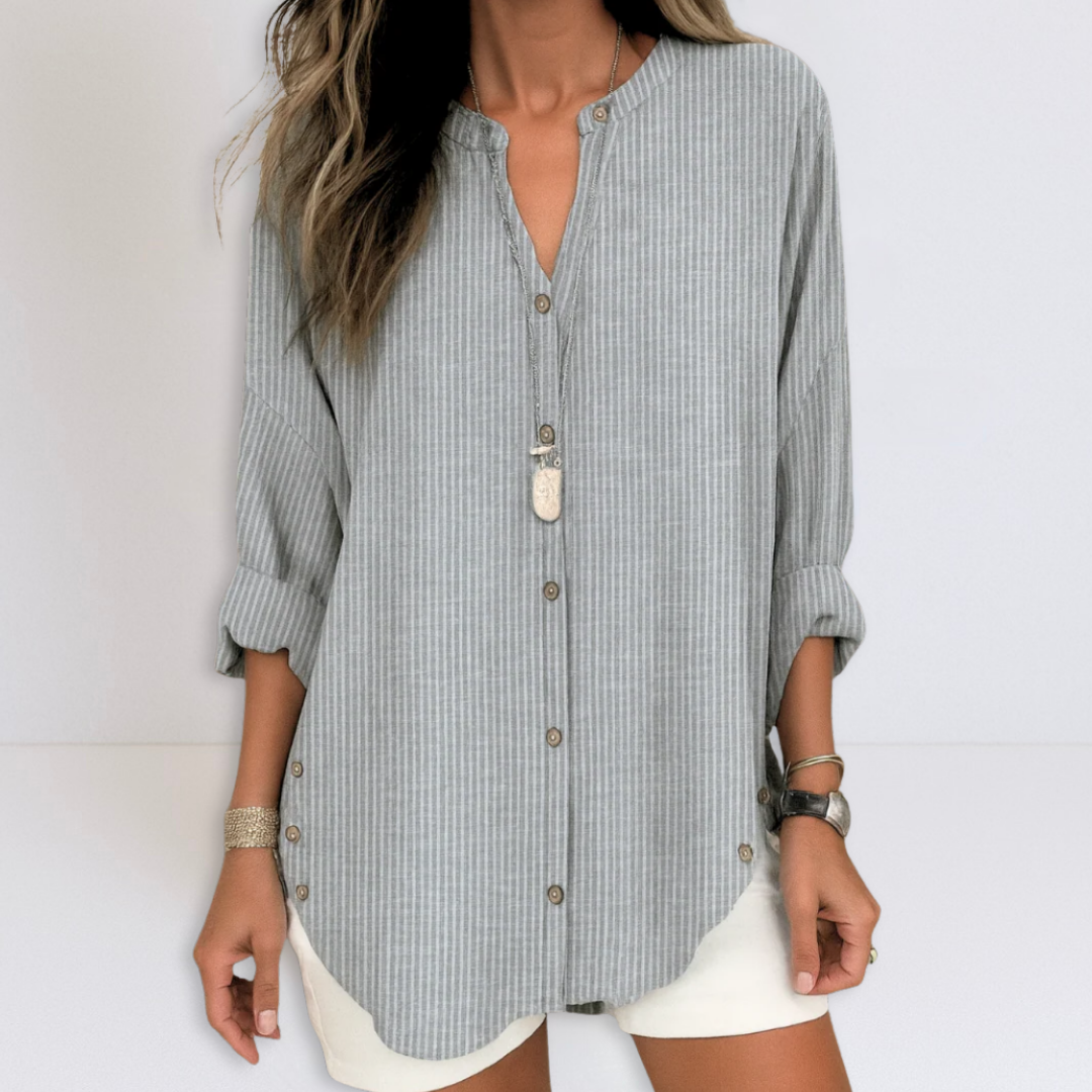 Grey striped button-front tunic blouse with V neckline and rolled cuffs