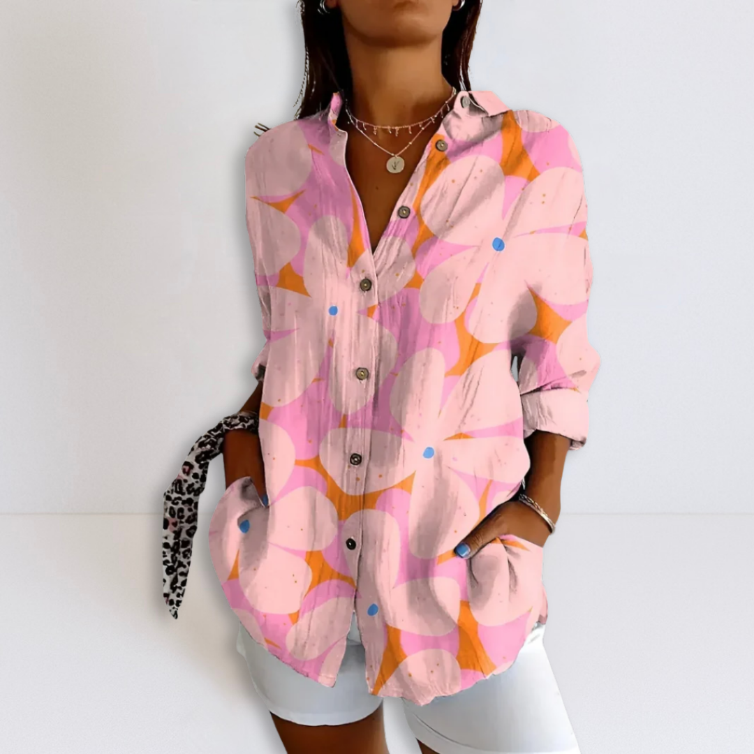 Pink and orange abstract printed button-up relaxed blouse with V-neck and sleeves