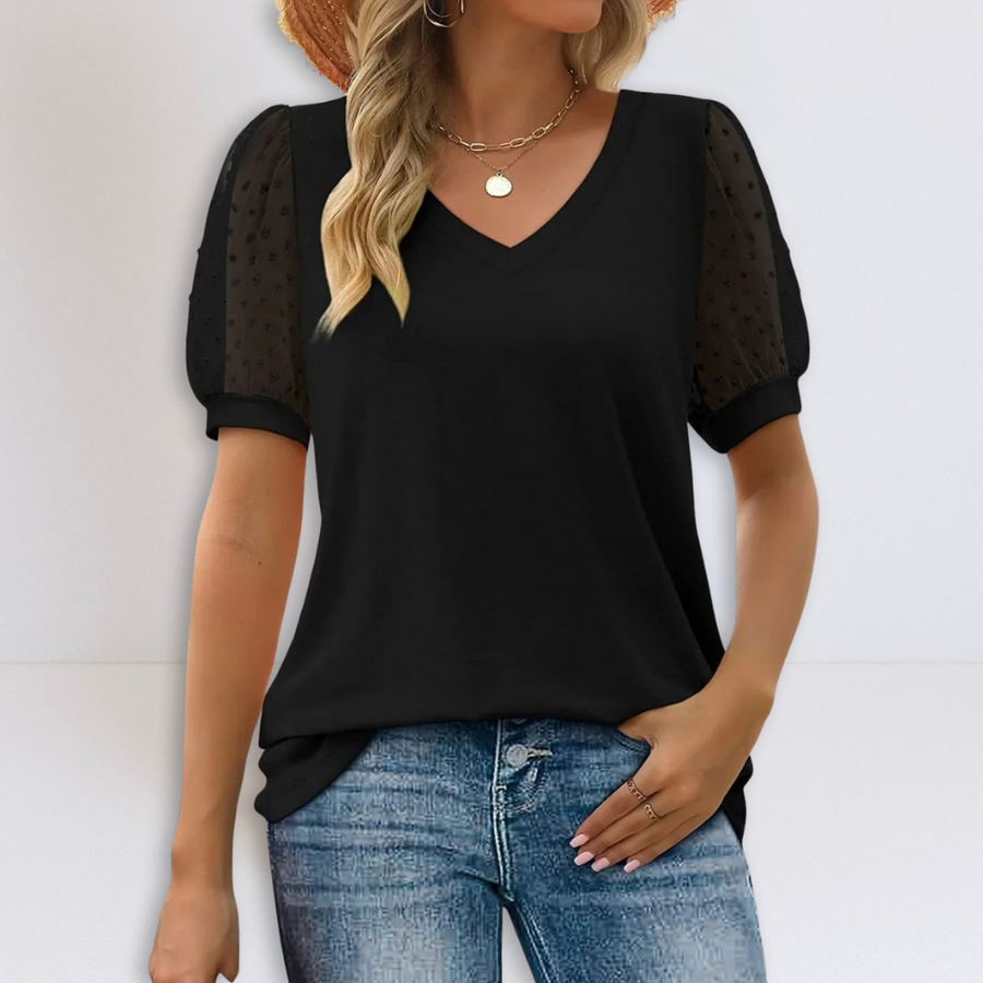 Black sheer-sleeve V-neck top with short puff sleeves and relaxed fit.