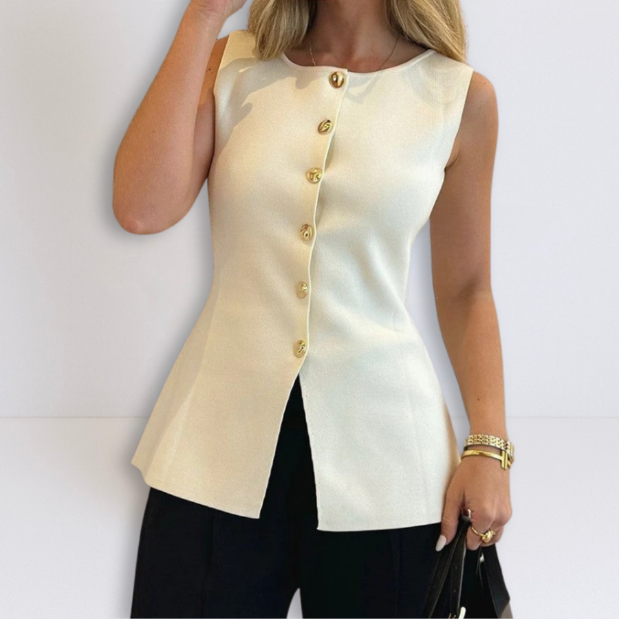 White sleeveless button peplum top with gold-tone front buttons and curved hem