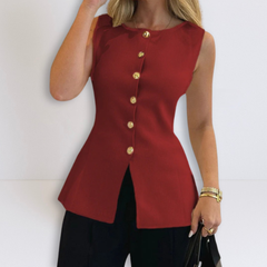 Wine red sleeveless button peplum top with gold-tone front buttons and curved hem
