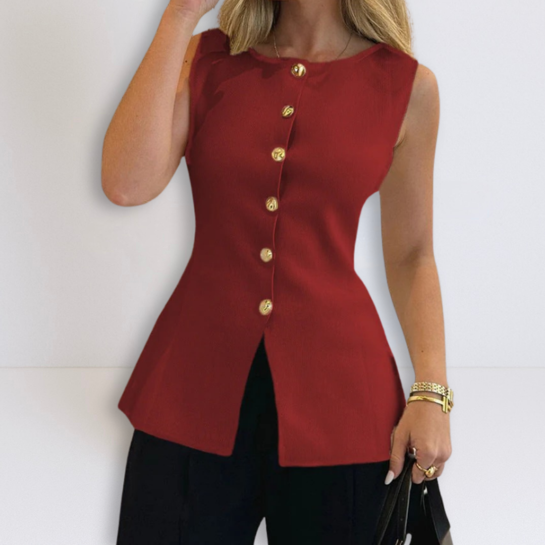 Wine red sleeveless button peplum top with gold-tone front buttons and curved hem