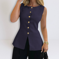 Navy blue sleeveless button peplum top with gold-tone front buttons and curved hem