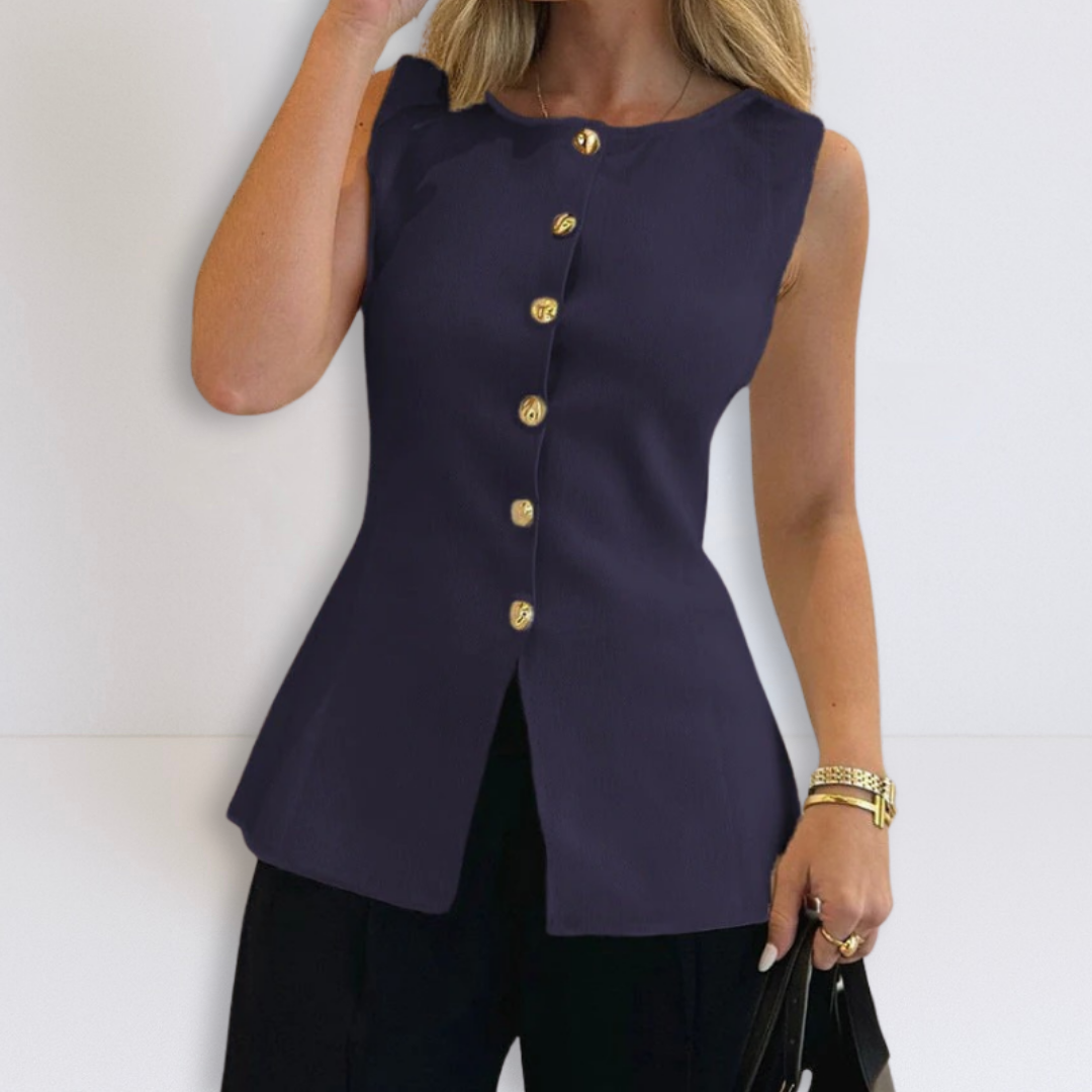Navy blue sleeveless button peplum top with gold-tone front buttons and curved hem