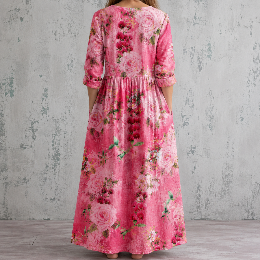 Pink floral summer dress, scoop back with three-quarter sleeves and flared skirt