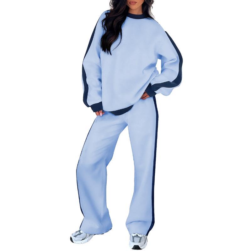 Beau blue 2-piece lounge set with crewneck sweatshirt and loose jogger pants, dark side stripes