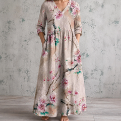 CAROLINE™ floral summer dress, V-neck, 3/4 sleeves, gathered waist, full-length