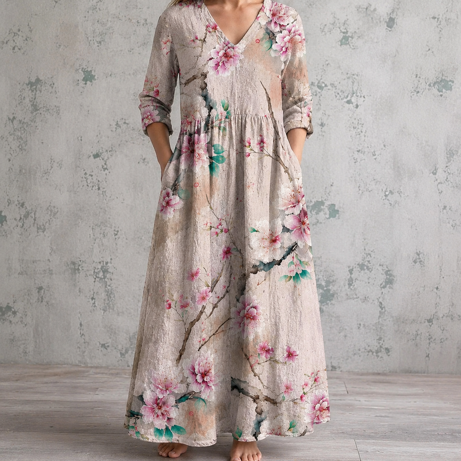 CAROLINE™ floral summer dress, V-neck, 3/4 sleeves, gathered waist, full-length