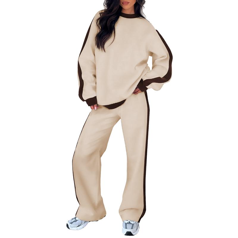 Beige 2-piece lounge set with crewneck sweatshirt and loose jogger pants, dark side stripes