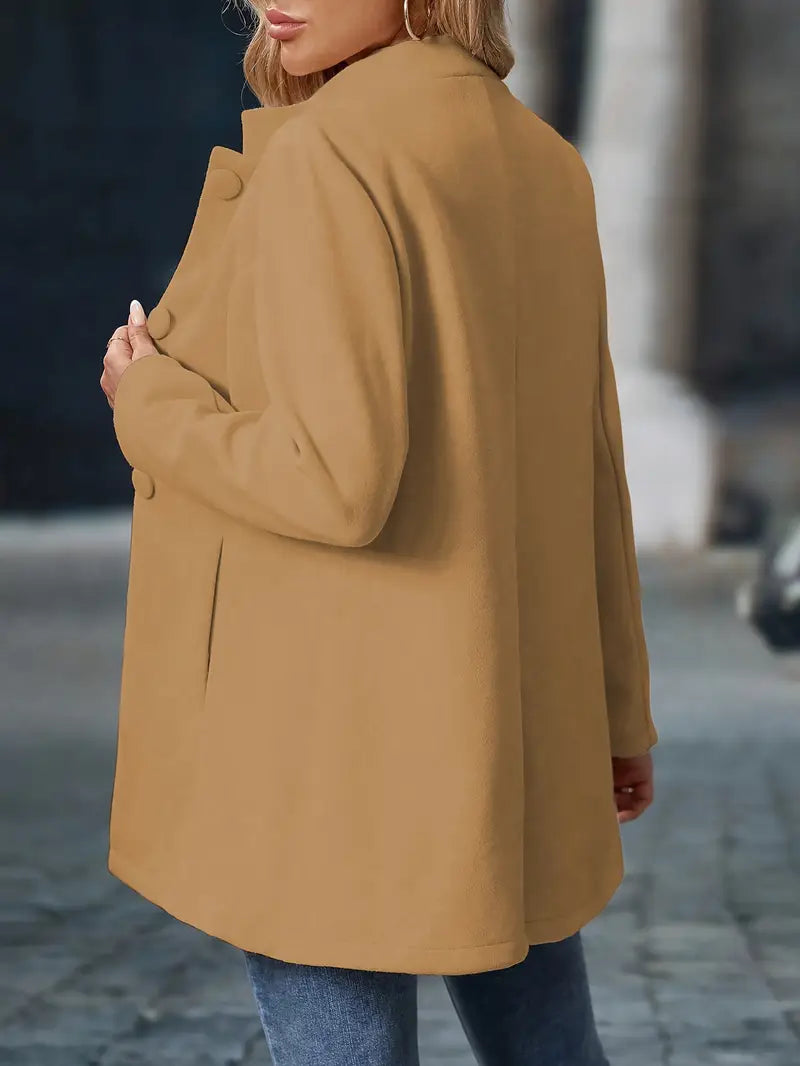 Women's camel tailored coat with long sleeves and buttoned front