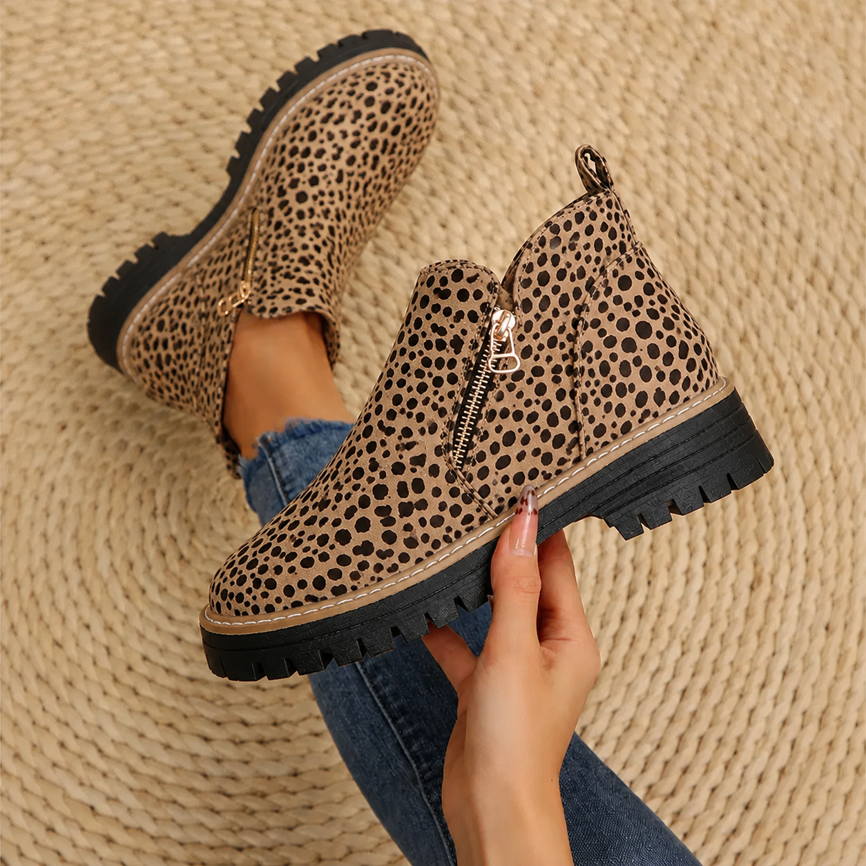Camille women's ankle boots, leopard print with side zipper and black lug sole