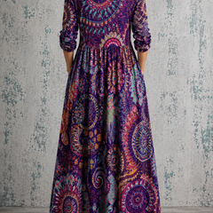 Floral summer maxi dress, dark purple with full back pattern and gathered waist