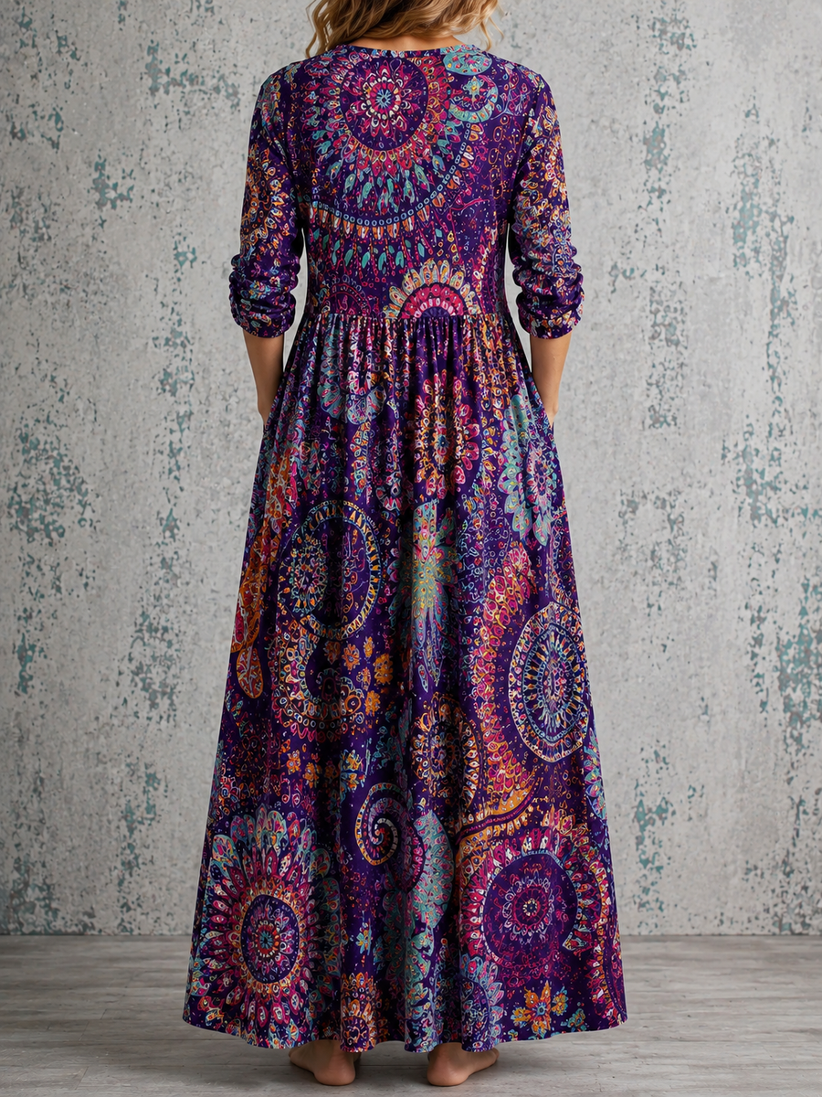 Floral summer maxi dress, dark purple with full back pattern and gathered waist
