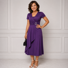 Rhinestone waist midi dress in purple, short sleeves, V-neck wrap skirt
