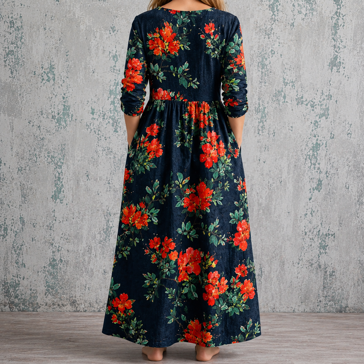 WENDY™ floral summer dress, back view: dark navy with red-orange blossoms and gathered waist