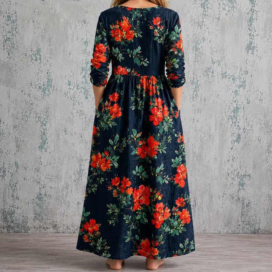 WENDY™ floral summer dress, back view: dark navy with red-orange blossoms and gathered waist