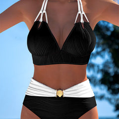 Women’s high-waisted double strap swimsuit, black top with white contrast, double strap