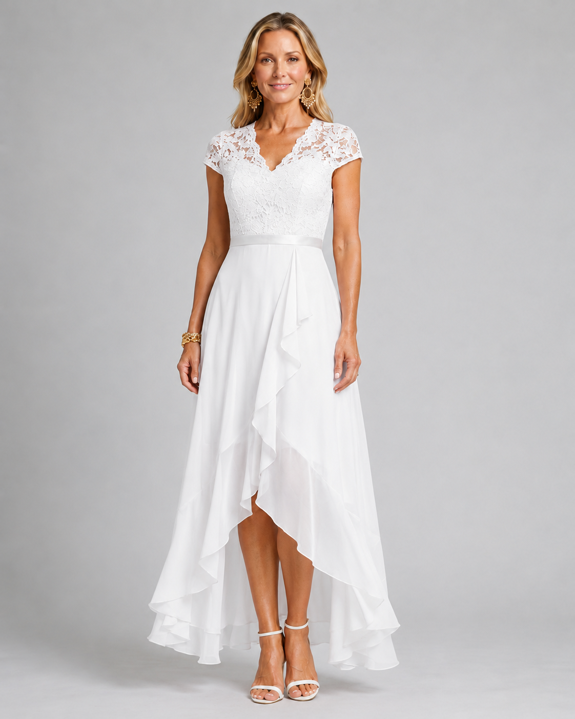 White lace evening dress with cap sleeves and asymmetrical ruffle hem
