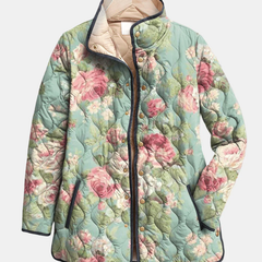 Quilted floral jacket with zip front and pink rose pattern, light teal