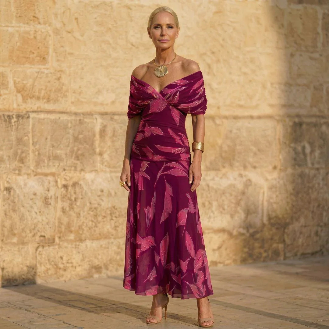 Fuchsia off-shoulder floral dress with knotted bust and flowing skirt