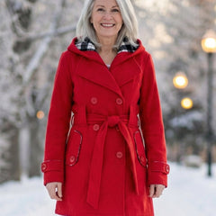 Plaid-collar wool coat, red, hooded with plaid collar and waist belt