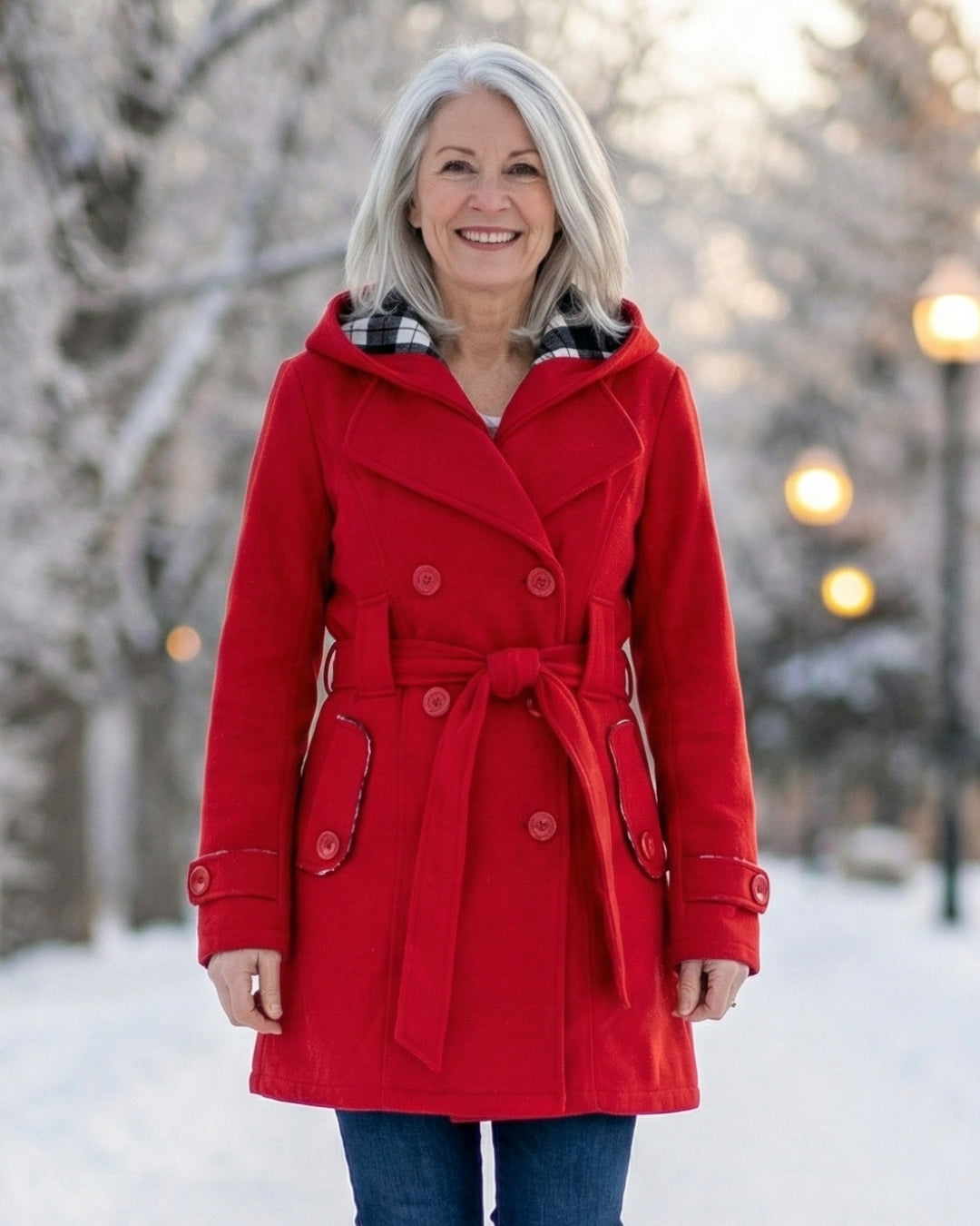 Plaid-collar wool coat, red, hooded with plaid collar and waist belt
