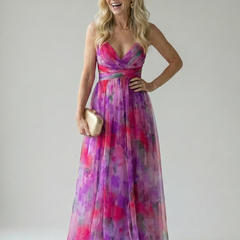 Pink-purple multicolor soft-wrap maxi dress with V-neck wrap bodice, sleeveless