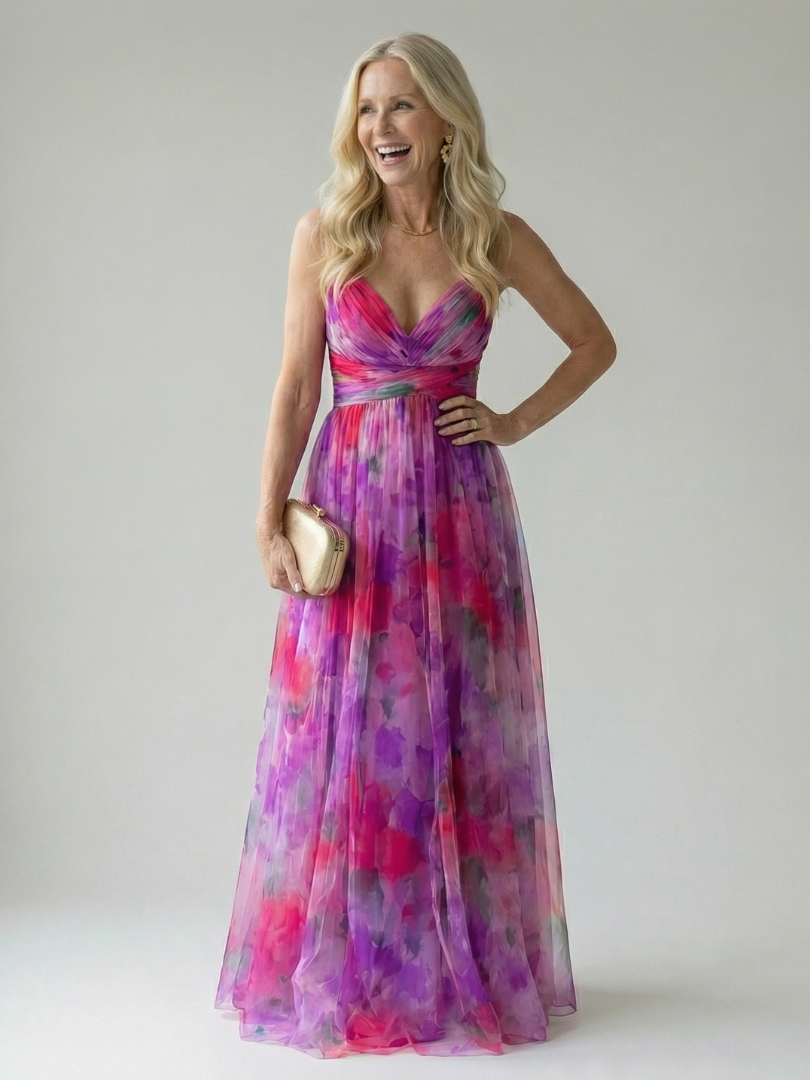 Pink-purple multicolor soft-wrap maxi dress with V-neck wrap bodice, sleeveless