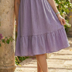 Purple woven ease dress close-up of tiered skirt and V-neck