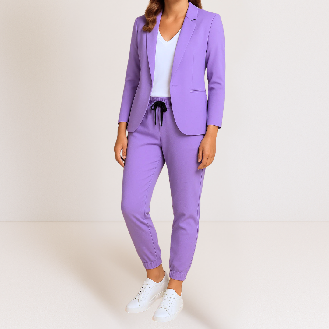 Purple blazer jacket and matching jogger pants set with drawstring waist