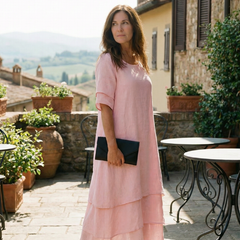 Pink soft layered midi dress with short sleeves and tiered skirt