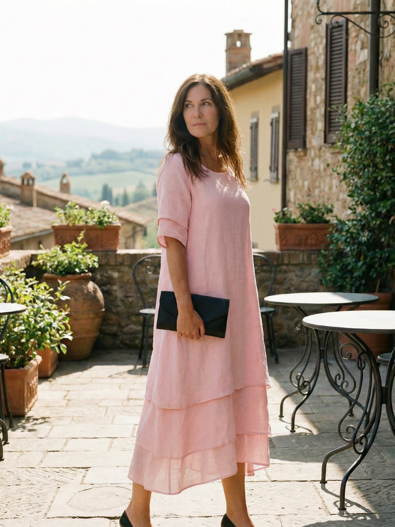 Pink soft layered midi dress with short sleeves and tiered skirt