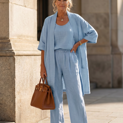 Blue linen-look three-piece set with draped cardigan, scoop-neck top and wide-leg pants