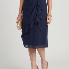 Elegant chiffon draped dress in navy blue with ruched twist bodice and ruffled detail