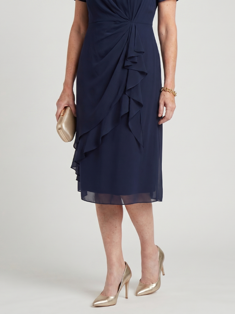 Elegant chiffon draped dress in navy blue with ruched twist bodice and ruffled detail
